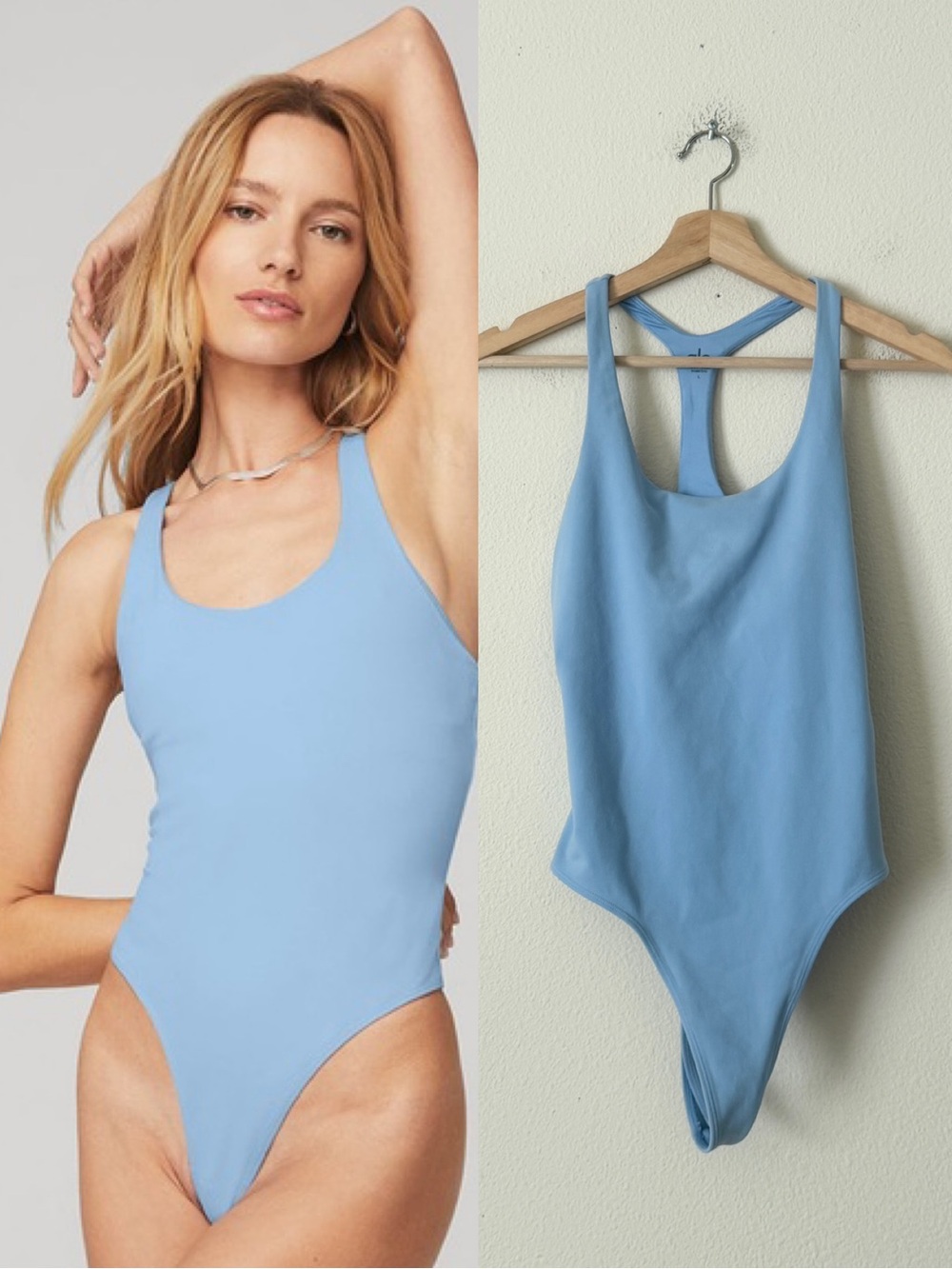 Alo yoga LARGE sleek back scoop neck thong bottom bodysuit in baby blue